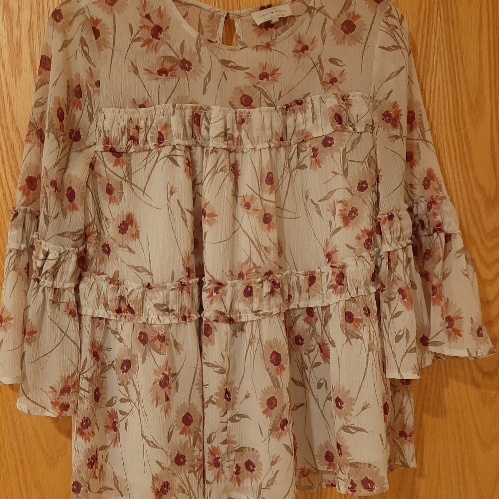 Lucky Brand Boho Sheer Neck Bell Sleeve Floral Top Size Small